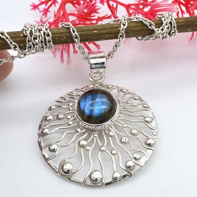 Round Cabochon Labradorite Pendant Necklace Solid 925 Sterling Silver Gemstone Pendant with Chain Jewelry For Women or Girls - 12.1 Gms