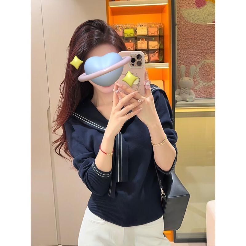 College Style Navy Collar Autumn and Winter Knitted Sweater Versatile Design Sense Fashion Short Top Women