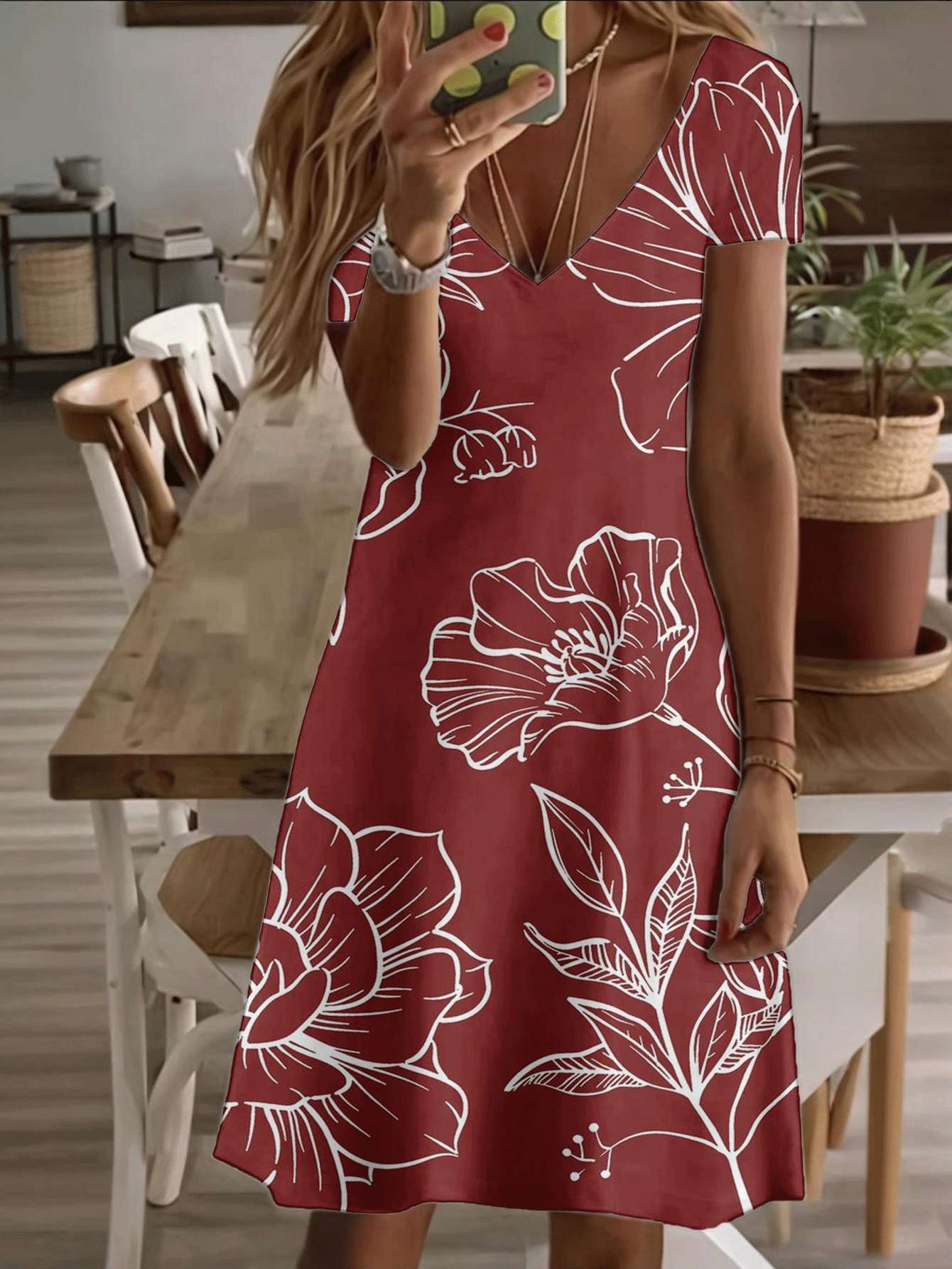 

Vneck shortsleeve midi dress red floral print pattern 3D premium printing durable fabric casual fashion summer elegant style breathable lightweight co 2XL дубильна кора