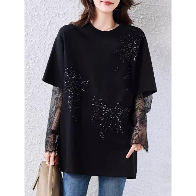 Large Size Sequined Long-sleeved New Loose Patchwork Lace Top