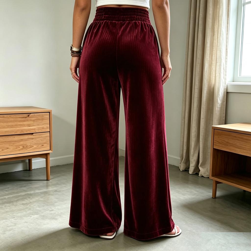 Women's Color Velvet Wide Leg Pants Loose Straight Fit Casual Trousers