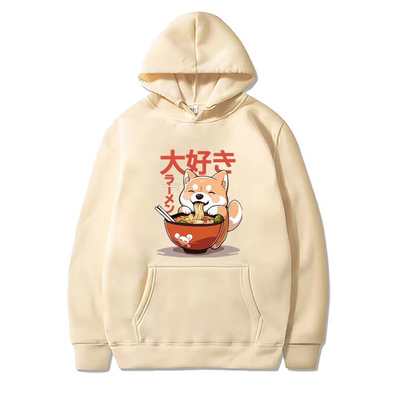 Shiba Inu Enjoying Ramen Funny Graphics Hoodie Men Women Fashion Vintage Long Sleeve Streetwear Print Oversizhoodie Unisex