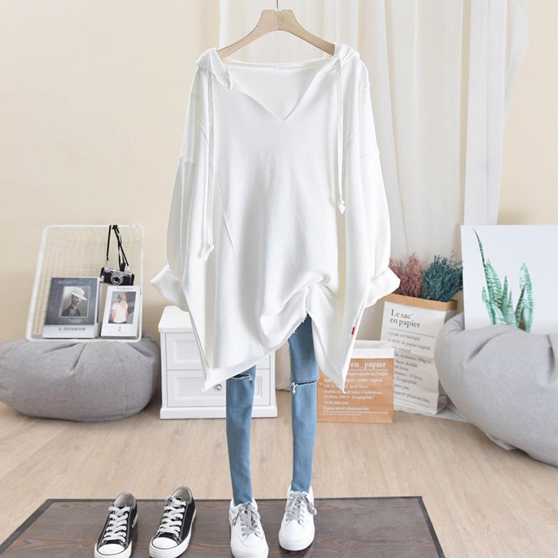 Korean Style Casual Long Sweatshirts Oversized Spring Female Hoodie V-neck Drawstring Solid Color Long Sleeve Pullovers Ladies