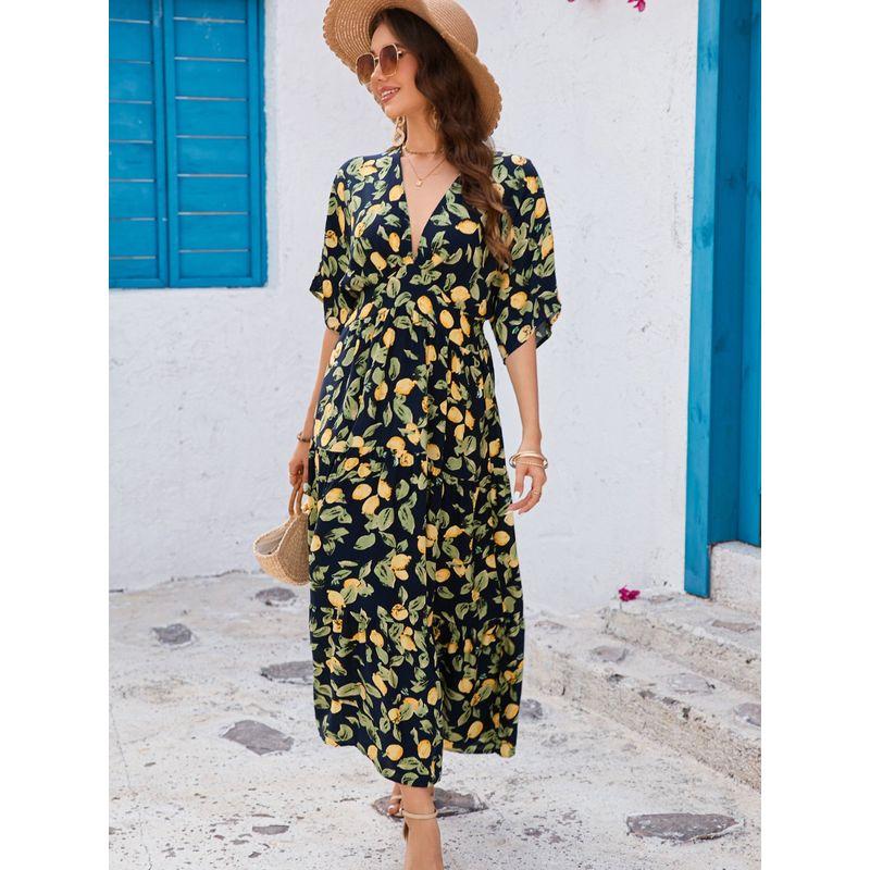 Seaside Style Summer New Bohemian Deep V-neck Rayon Printing Batwing Sleeve Waist Hugging Dress Vacation Skirt