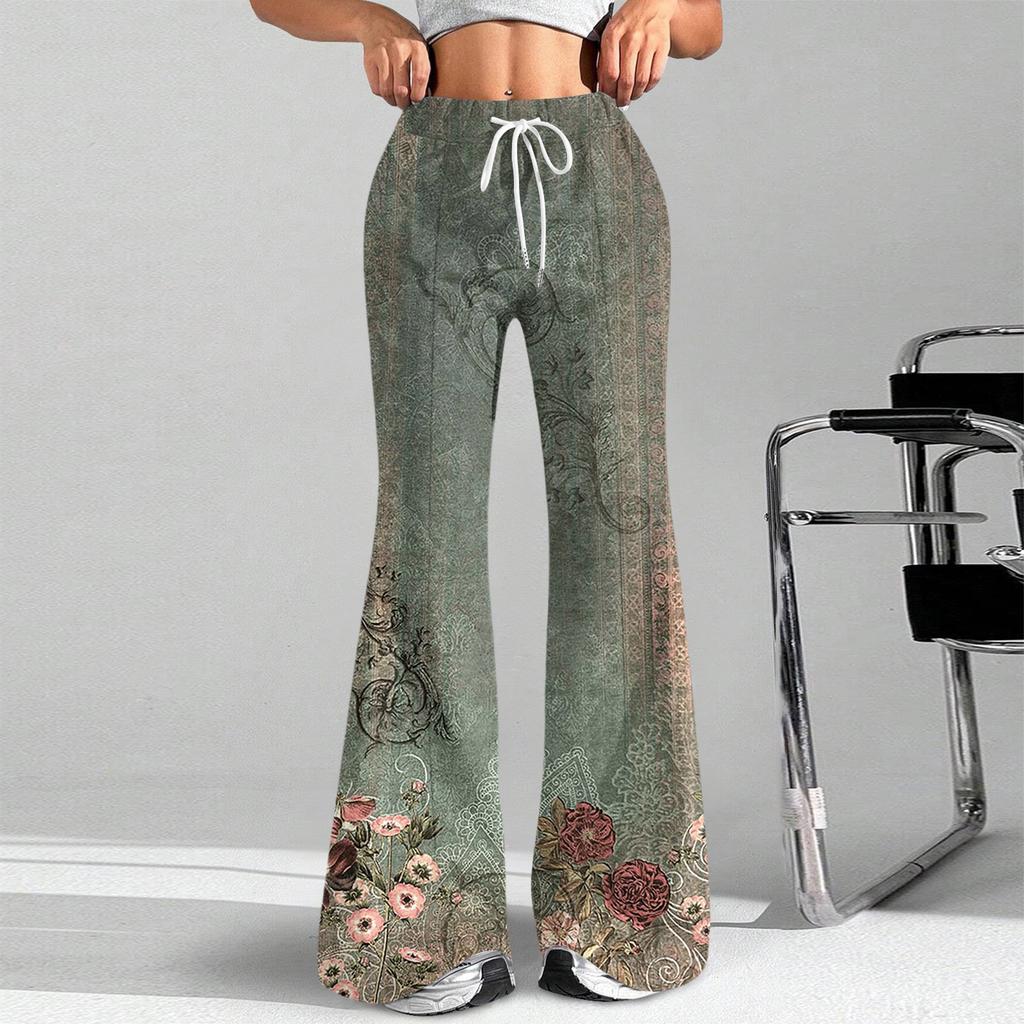 Women's Fashion Loose Drawstring Waist Floral Print Casual Sports Pants Casual Flared Pants
