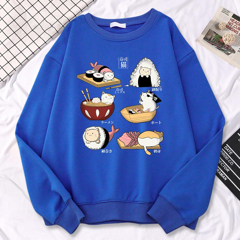 Simple Autumn Women Sweatshirt Sushi Cat'S Day Harajuku Printing Hoodies Crewneck  Pullover Warm Loose Female Streetwear