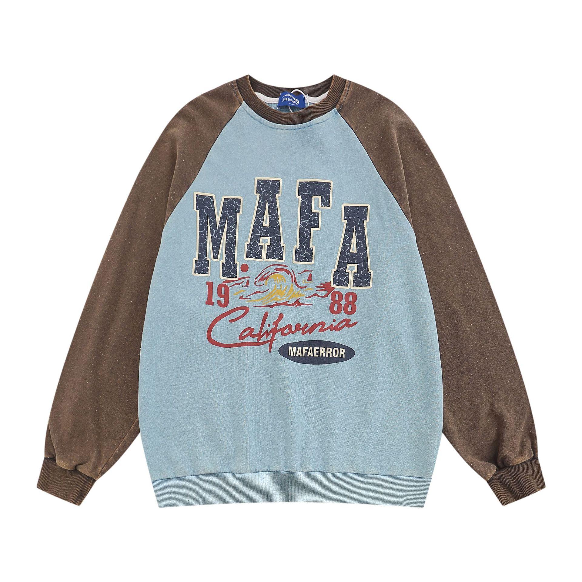 Men s clothing autumn and winter new American retro trendy brand washed old contrasting sports sweater couple M синий