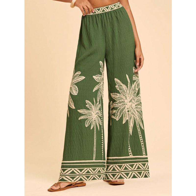 Women S High Waisted Printed Wide Leg Pants Loose Casual Long Trousers Beach Vacation Style