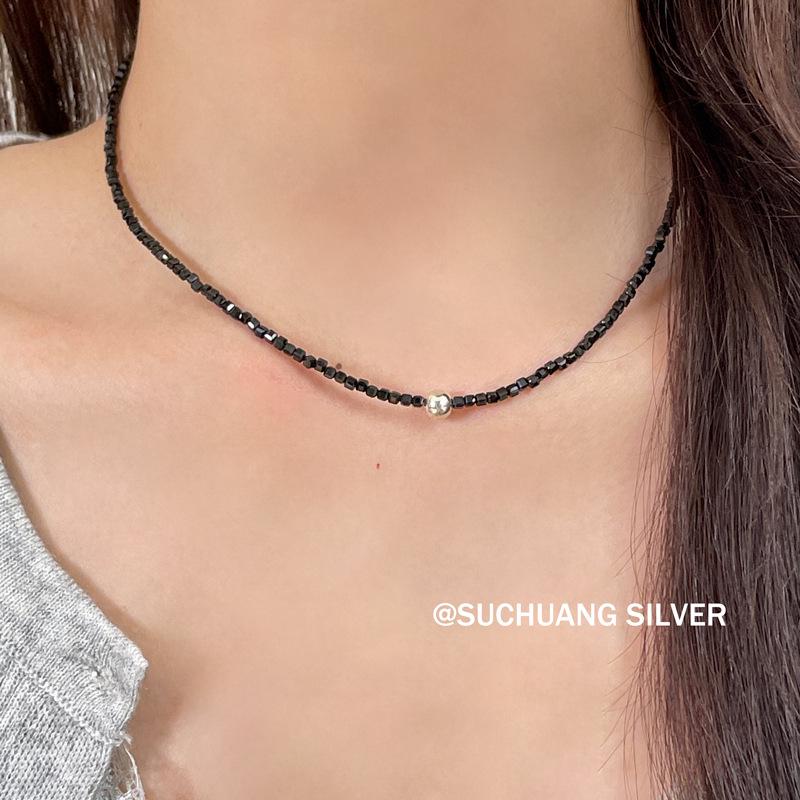 S925 Sterling Silver Black Agate Necklace & Bracelet Set for Women - Luxury Natural Stone Jewelry