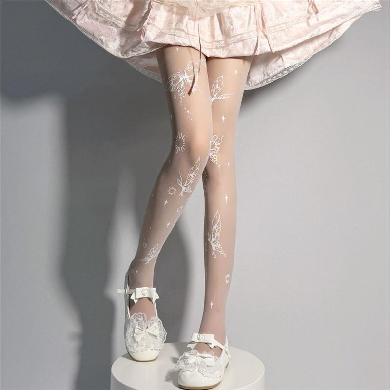 Printed butterfly stockings thin pure lust Lolita fashion anti-snatch pantyhose JK Japanese style non-falling crotch bottoming socks