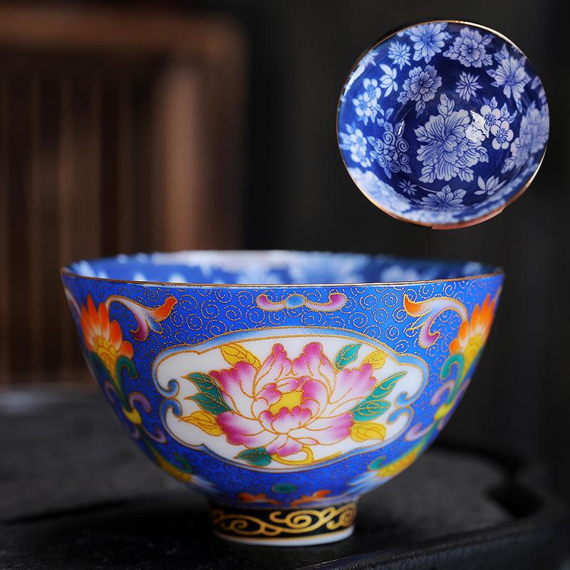 Ceramic Enamel Color Tasting Single Blue and White Douli Japanese Style Filigree Tea Bowl Kung Fu Master Cup Gift Bo