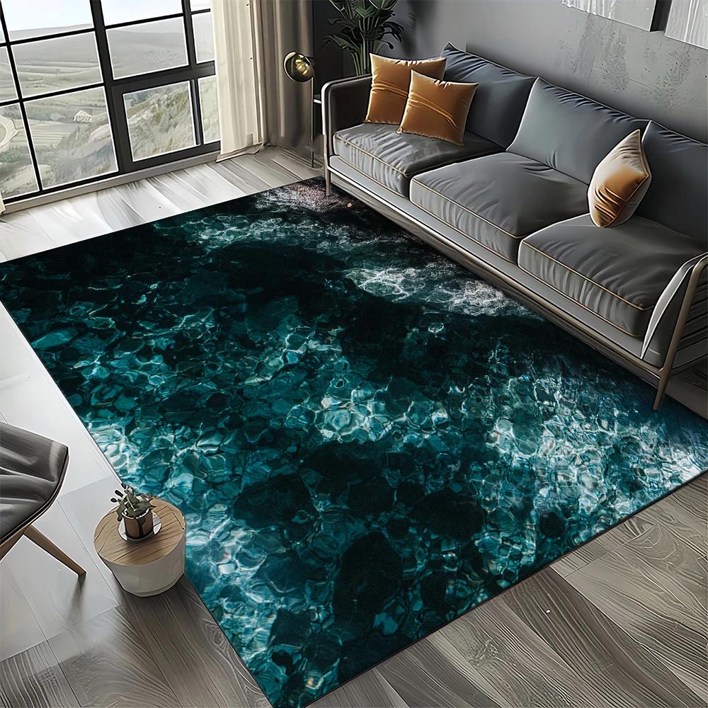 2025 New Style Blue Green Sea Wave Seawater Nature 3D Carpet Rug for Living Room Bedroom Home Sofa Decoration,Non-slip Floor Mat