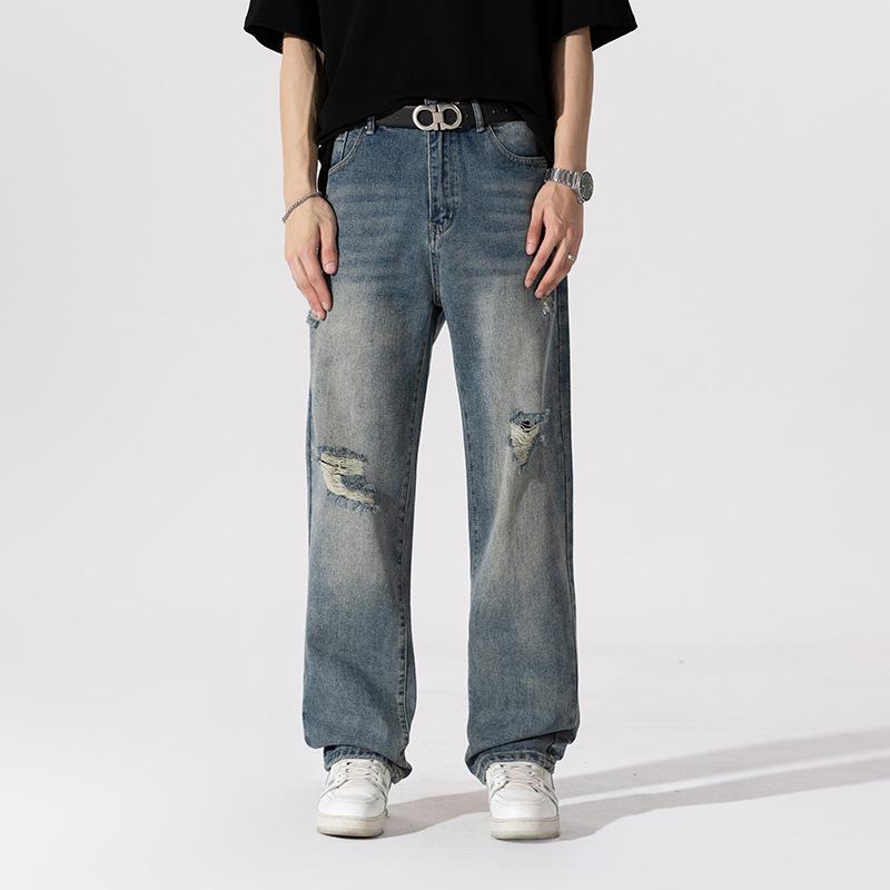 

Мужские рваные джинсы LKTM: Новый летний стиль, ретро-стирка, американский тренд, прямой крой. 32