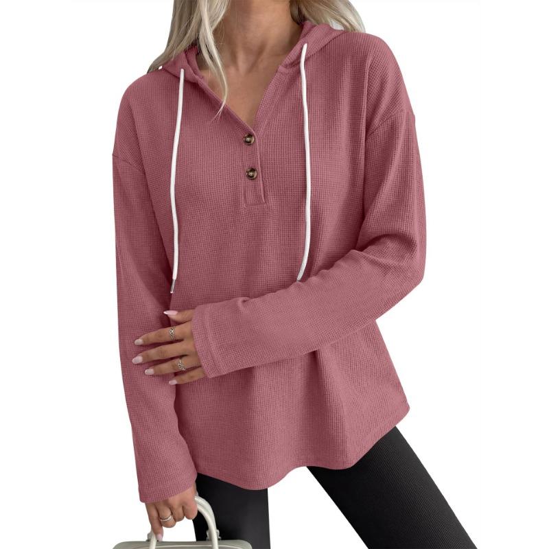 Womens Loose Drawstring Waffle Hooded Long Sleeve Casual Sweatshirt