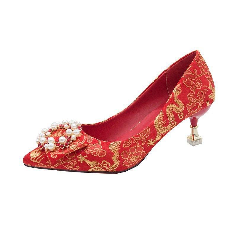 Summer spring Chinese wedding shoes women's red high heels thick heel dragon and phoenix embroidered bridal shoes high heel cheongsam