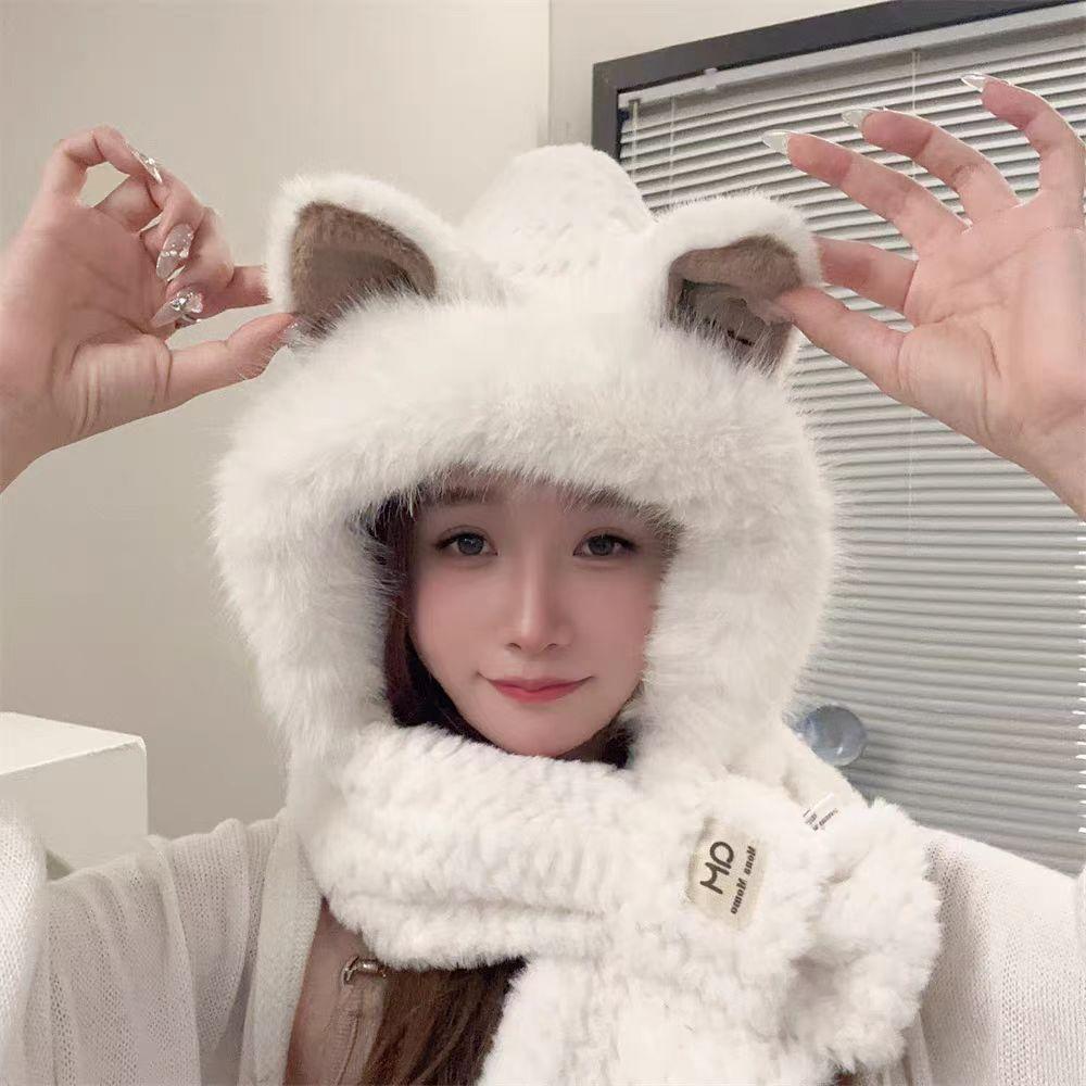 

Шапка шарф интегрированная шапка женская зимняя милая плюшевая пушистая плюс шарф комплект из двух предметов белый