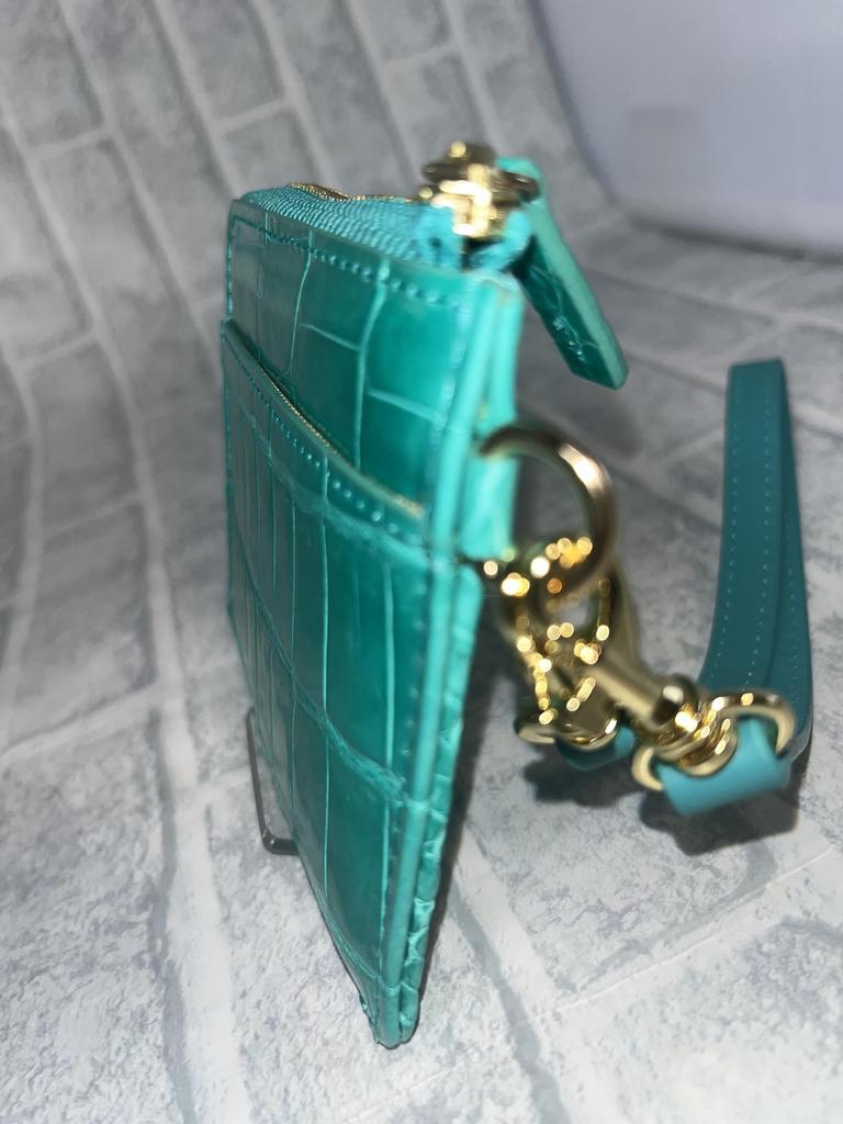 GUODI Mini Wallet with L-Shaped Zipper and Strap, Shining Crocodile Genuine Leather, HL-10101B-CRS (Turquoise Blue), Crocodile Leather Wallet, Mini