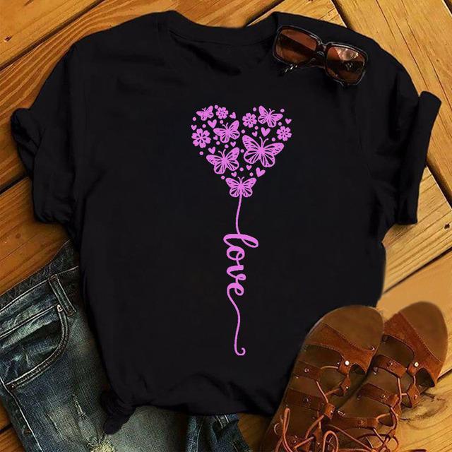 New Fashion Women Black T Shirt Friends Gift Flower Love Print Cute Tee Shirt Female Harajuku Tops Woman Short Sleeve T -Shirts