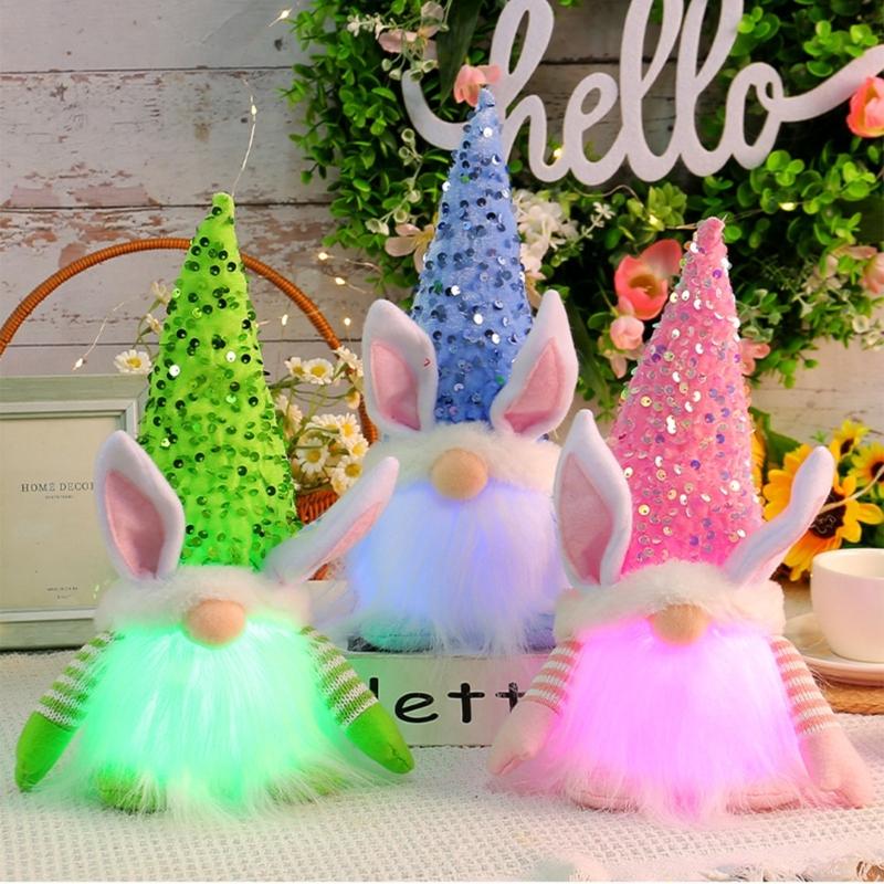 Easter Gnome Sequins Rabbit Faceless Doll with LED Light Ornaments for Spring Swedish Tomtes Dwarfs Home Decorations