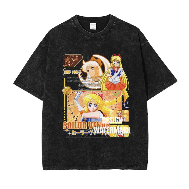 Anime Ssailor Moon Tshirts Vintage Washed Michiru T Shirt Tsukino Rei Makoto Marina Usagi Tops Tees Unisex