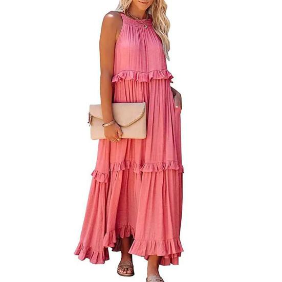 Maxikleid, plissiert, geschichteter Saum, Taschendesign, ärmellos, einfarbig, Boho-Damen, hohl, zum Binden, elegantes Kleid, Partykleidung
