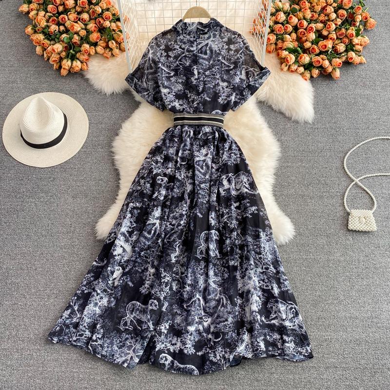 RUGOD 2022 Sommer Ny Revers Kortermet Lett Velkjent Stil Over-kneet Retro Print Kjole Elegant Midje og Stor Sving Lang Kjole