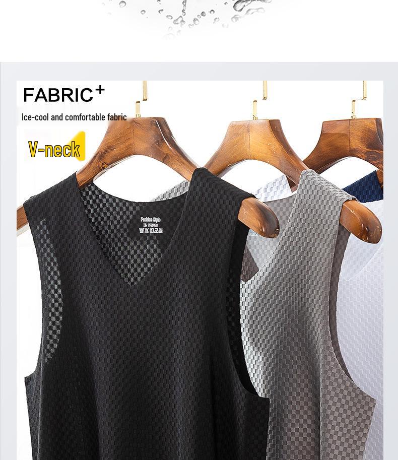 Men's Plaid Ice Silk Sleeveless Quick-Dry Tank Top - Breathable, Seamless Sports Fitness Undershirt for Summer.