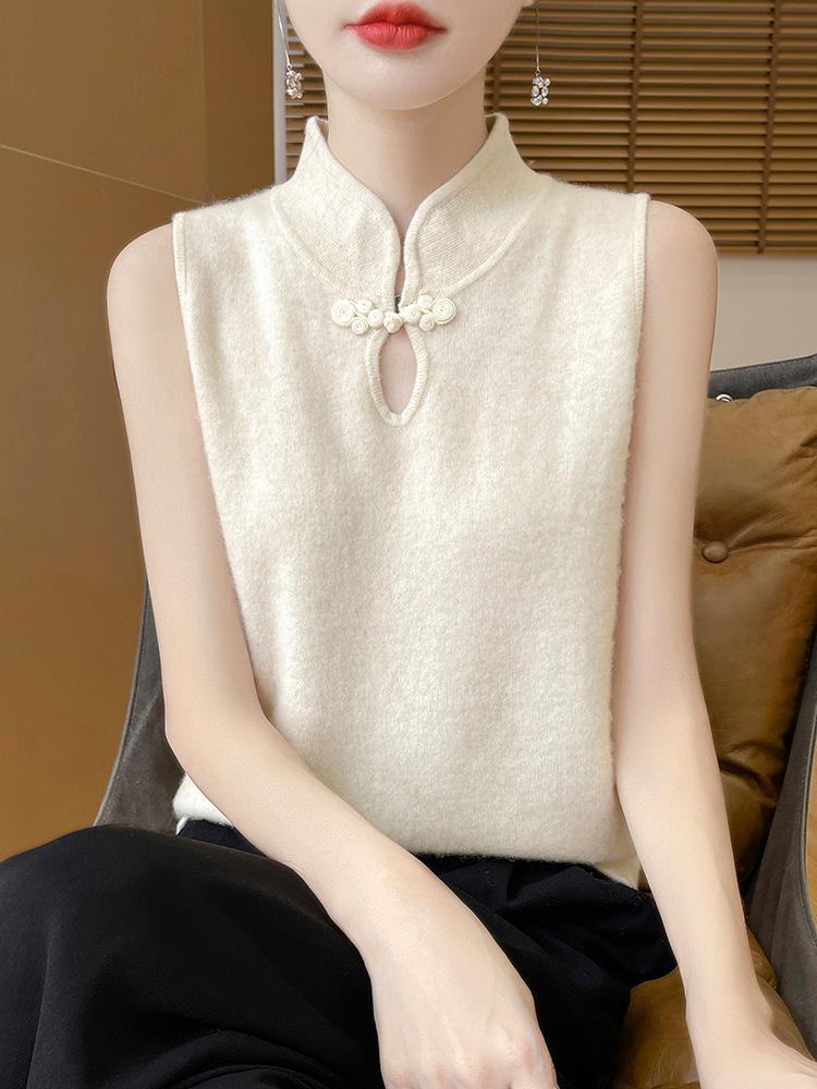 Women's Retro Knit Vest: Chinese Style, Stand Collar, Frog Button, Sleeveless Layering Top