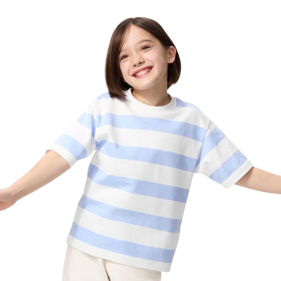 UNIQLO 483426 AIRism Cotton Border Crew Neck T-Shirt BLUE GREEN NAVY Kids Japan 120 синий
