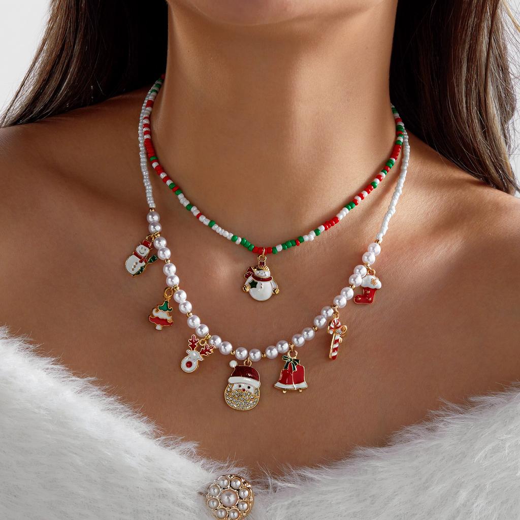 Christmas Multilayer Beaded Letter Necklace For Women Santa Claus Xmas Tree Wreath Elk Pendant Rice Beads Choker Holiday Jewelry
