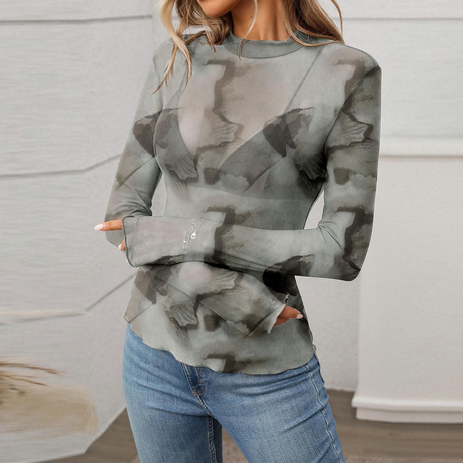 

Женская мода однотонный полувысокий ворот длинный рукав Y-2K сетчатый топ L