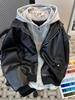 Unisex American Retro Lychee Pattern Leather Motorcycle Jacket, Two-Piece Look, Casual Stand Collar, Loose Fit for Spring/Autumn.