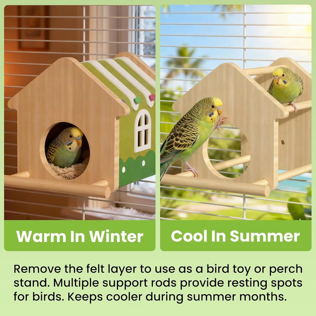 Dual-Season Bird Nest House,Parrot House Tent Perch Hideaway Sleeping Bed Detachable Wooden Hanging Hammock for Parakeet Canaries Budgies Lovebirds