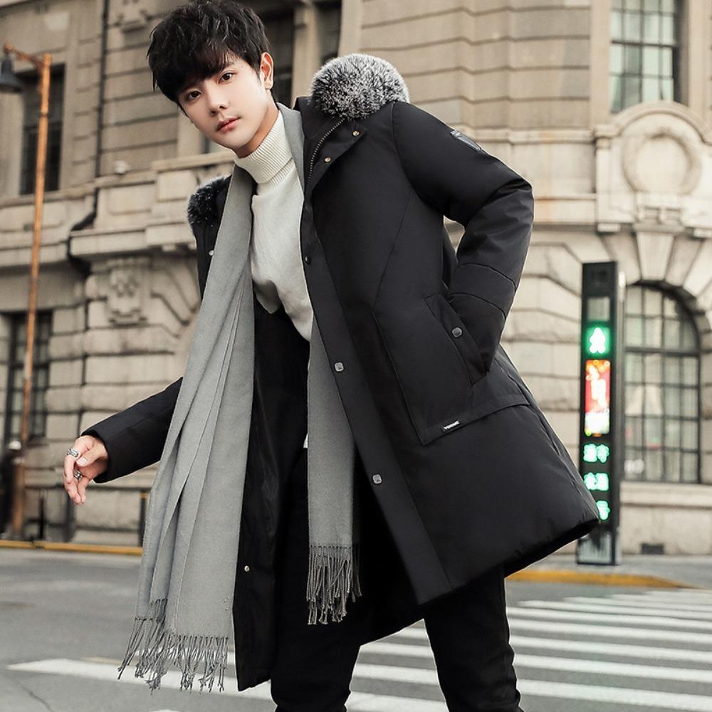 Down Jacket Medium and Long Men's Korean Version New Two Open White Duck Down Big Fur Collar Youth Popular Fashion Hooded Jacket
