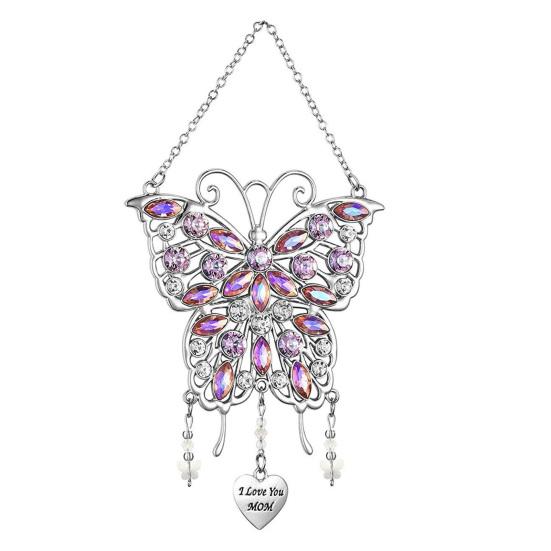 Rhinestones Butterfly Sun Catcher Metal Wind Chime with "I Love You Mom" Heart Handmade Gift for Mother's Day