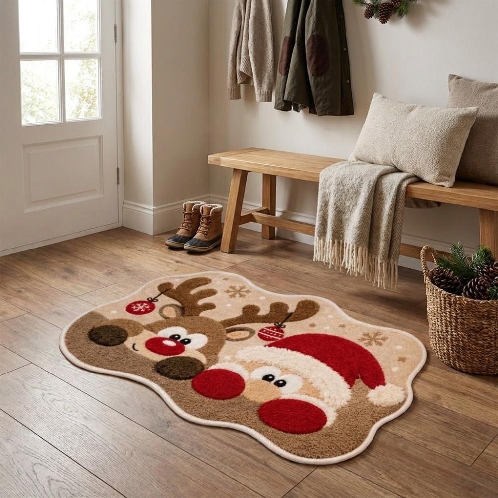 Non-Slip Reindeer Print Rug Imitation Cashmere Entryway Mat Christmas Irregular Rug Christmas