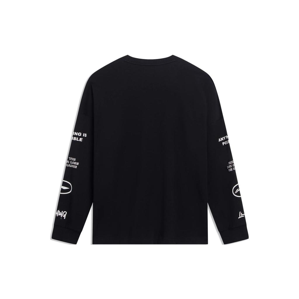 Li-Ning Letter Logo Print Crew Neck Long Sleeve T-Shirt Men Tops Black AHST557-2