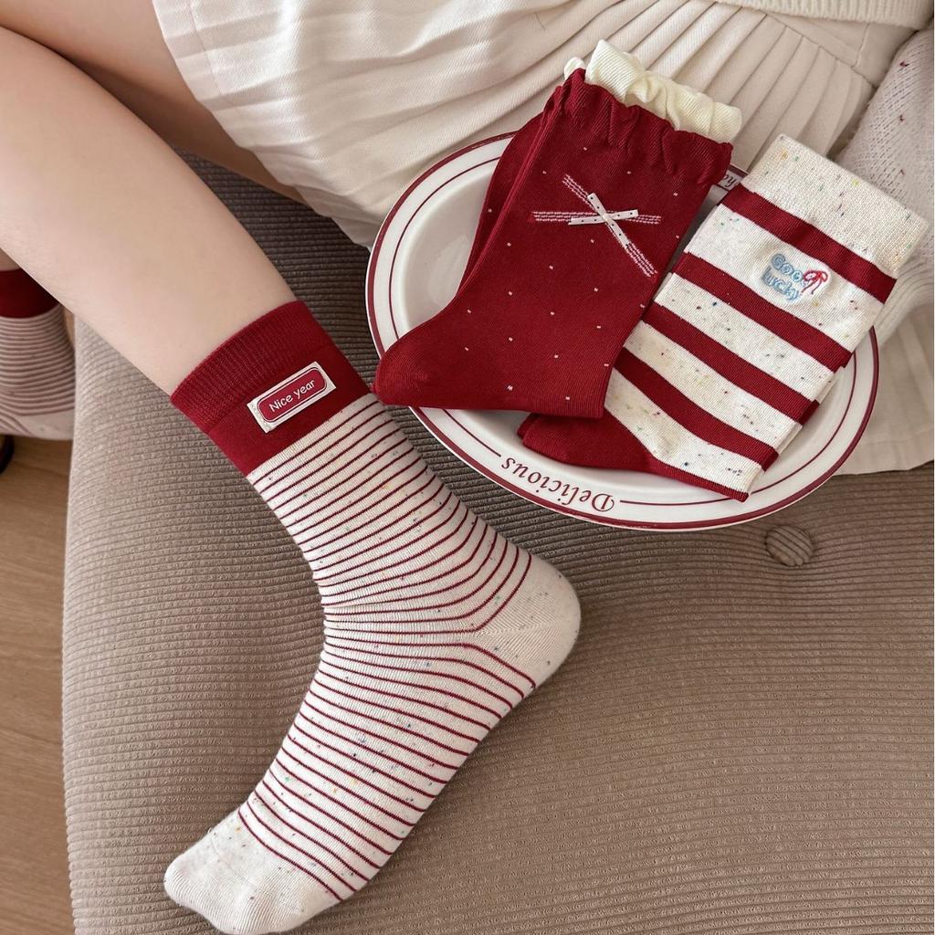 New Year'S Big Red Socks New Year Cloth Label Boneless Socks Embroidered Letter Bow Socks