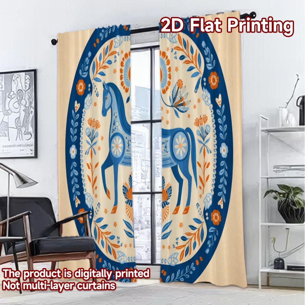 2D FLAT PRINTING 2pcs Curtains (Without Rod) Folk Art Blue Horse Modern Fashionable Curtains Semi-Sheer Curtains Eid Decorations