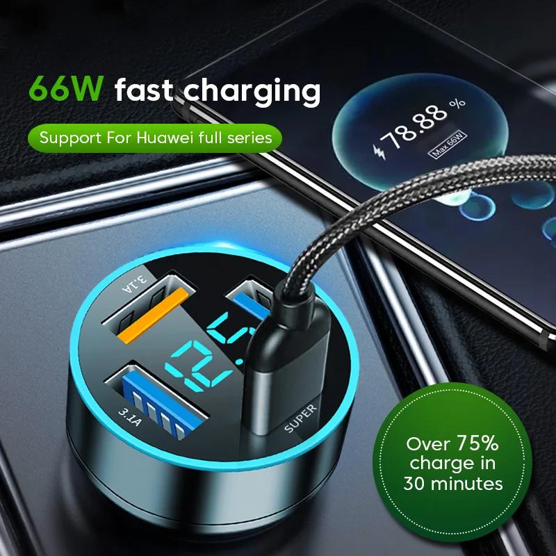 66W 4 USB Car Charger Digital Display Fast Charging Mobile Phone Car Adapter Quick Charge 3.0 For iphone Xiaomi Huawei Samsung