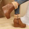 Botas Ankle Boot Femininas Aconchegantes com Forro de Pelúcia Salto Anabela Solado Grosso Pelo Fofo Quente Sapatos de Inverno Feminino Plataforma Robusta Botas Curtas de Couro PU