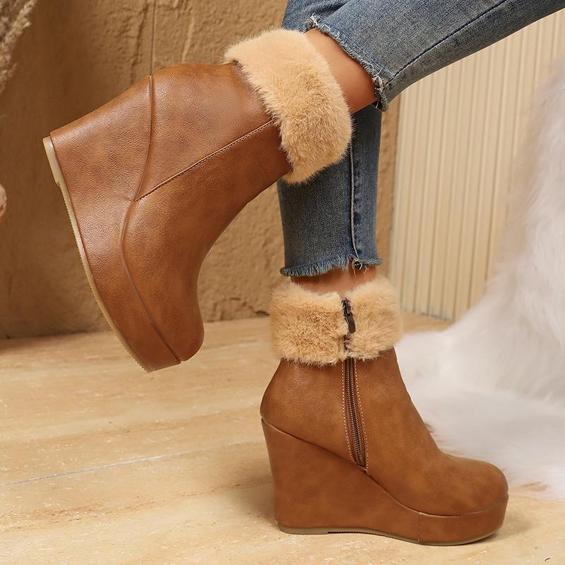 Women Cozy Plush Lined Wedge Ankle Boots Thick Sole Fluffy Fur Warm Winter Shoes Woman Chunky Platform PU Leather Short Boots