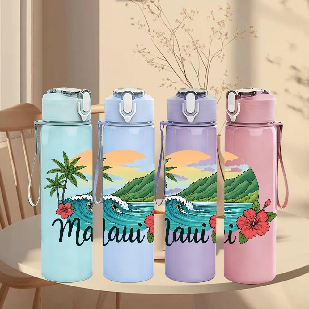 1PC Maui Tropical Island 750ml Color Plastic Sports Water Bottle Leakproof Flip Straw Lid Suitable for Sports Office Home Use