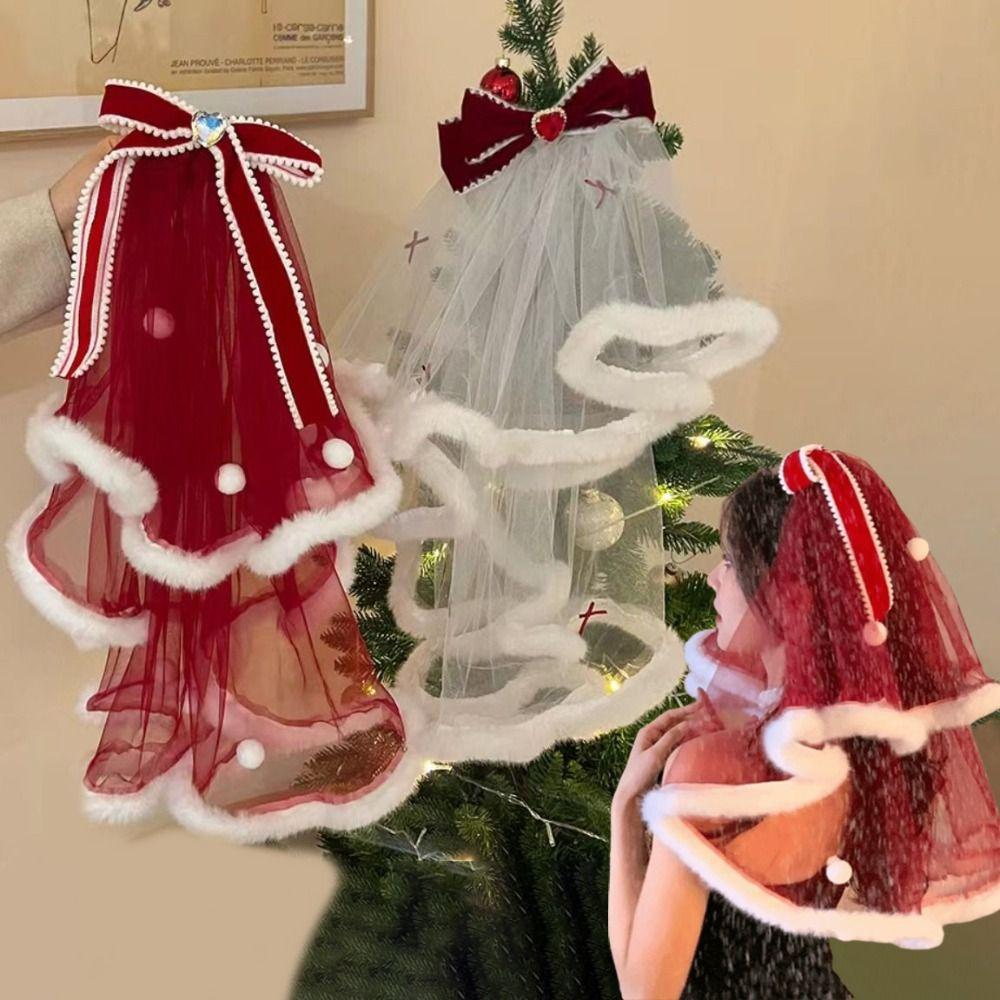 Bowknot Long Velvet Bow Veil Heart Christmas Hair Clip Premium Wedding veil  Wedding