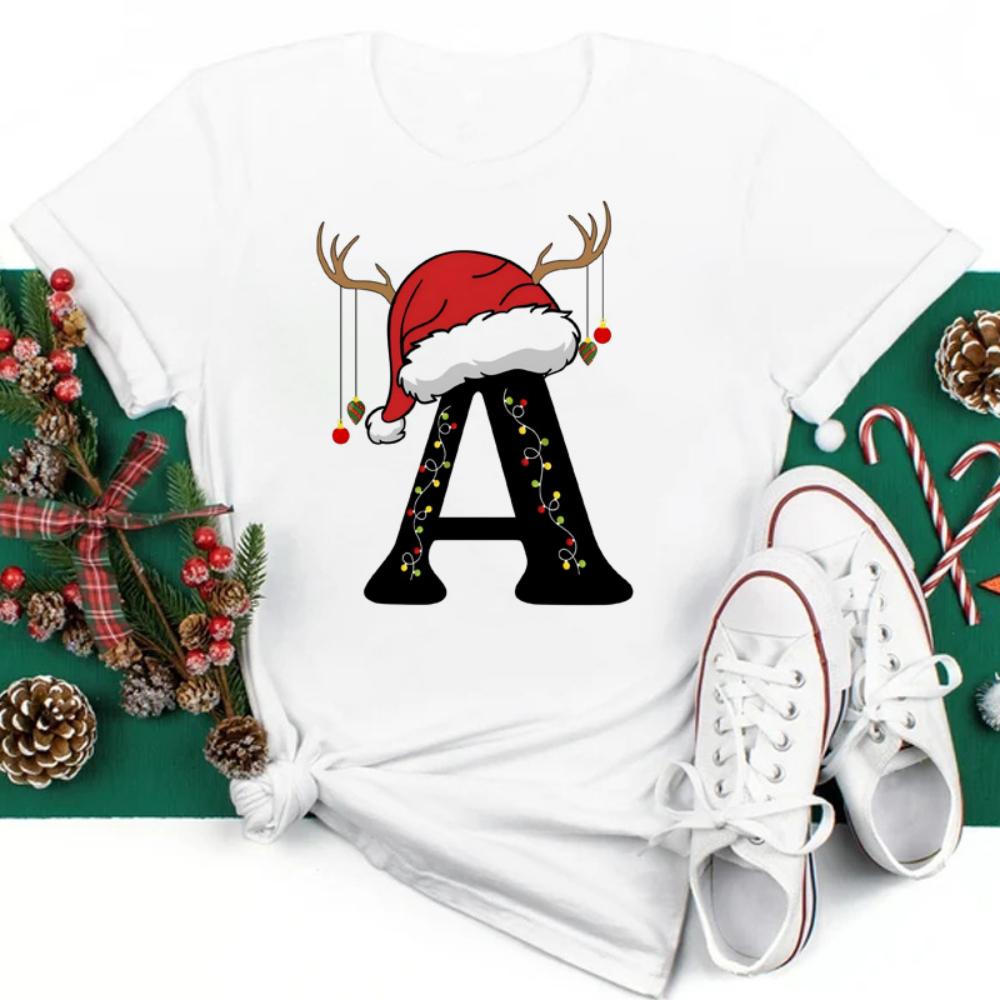 Christmas Hat A To Z Letters Tshirt Christmas Family Activity Sleeved Streetwear Harajuku Short Sleeve Casual Aesthetic Clothes