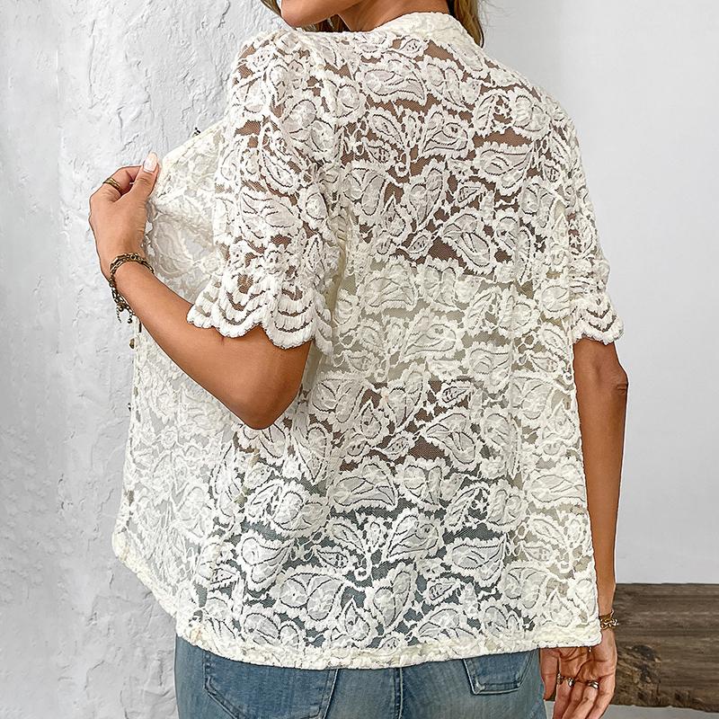 Ladies Summer Short Sleeve O Neck Lace Hollow Breathable Button Shirt Top