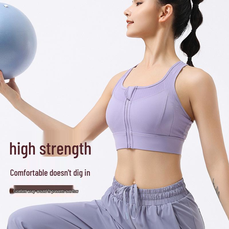 Women's Shockproof Sports Bra with Front Zipper and Side Support - Minimizes Bust for Running and Yoga