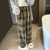 Thickened Plaid Pants Women's Fleece Pants Autumn and Winter High Waist Loose Lace-up Trousers Retro Casual Wide-leg Trousers