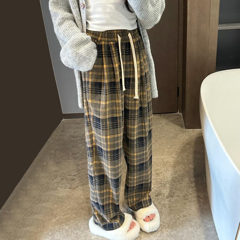 Thickened Plaid Pants Women's Fleece Pants Autumn and Winter High Waist Loose Lace-up Trousers Retro Casual Wide-leg Trousers