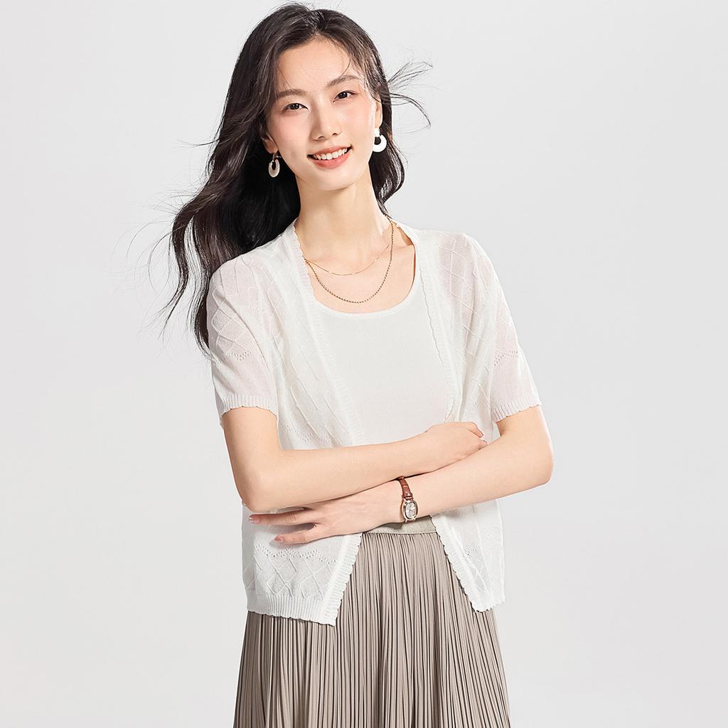 Thin Knit Short Sleeved Women's T-shirt with High-end Feel, Summer Ice Silk Women's Knitted Sweater with Cardigan and Shawl Cover